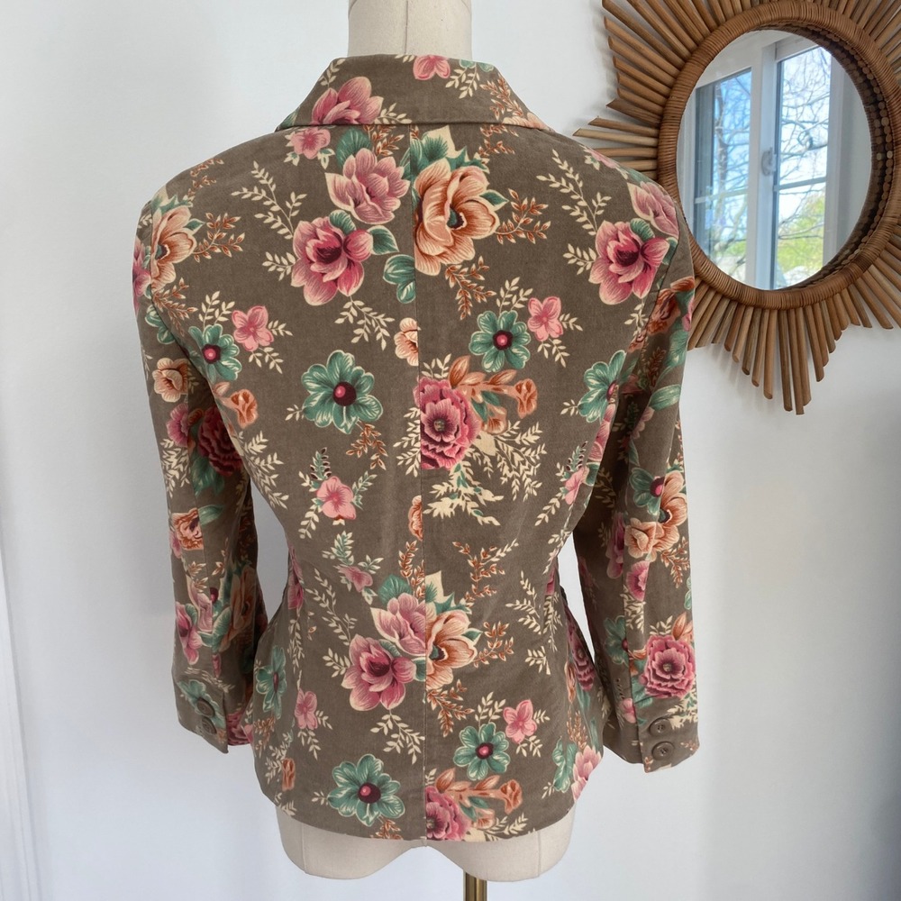 NWT Vintage Y2K Floral Corduroy Blazer Lace Trim Bows Beige 4 XS - Picture 5 of 15